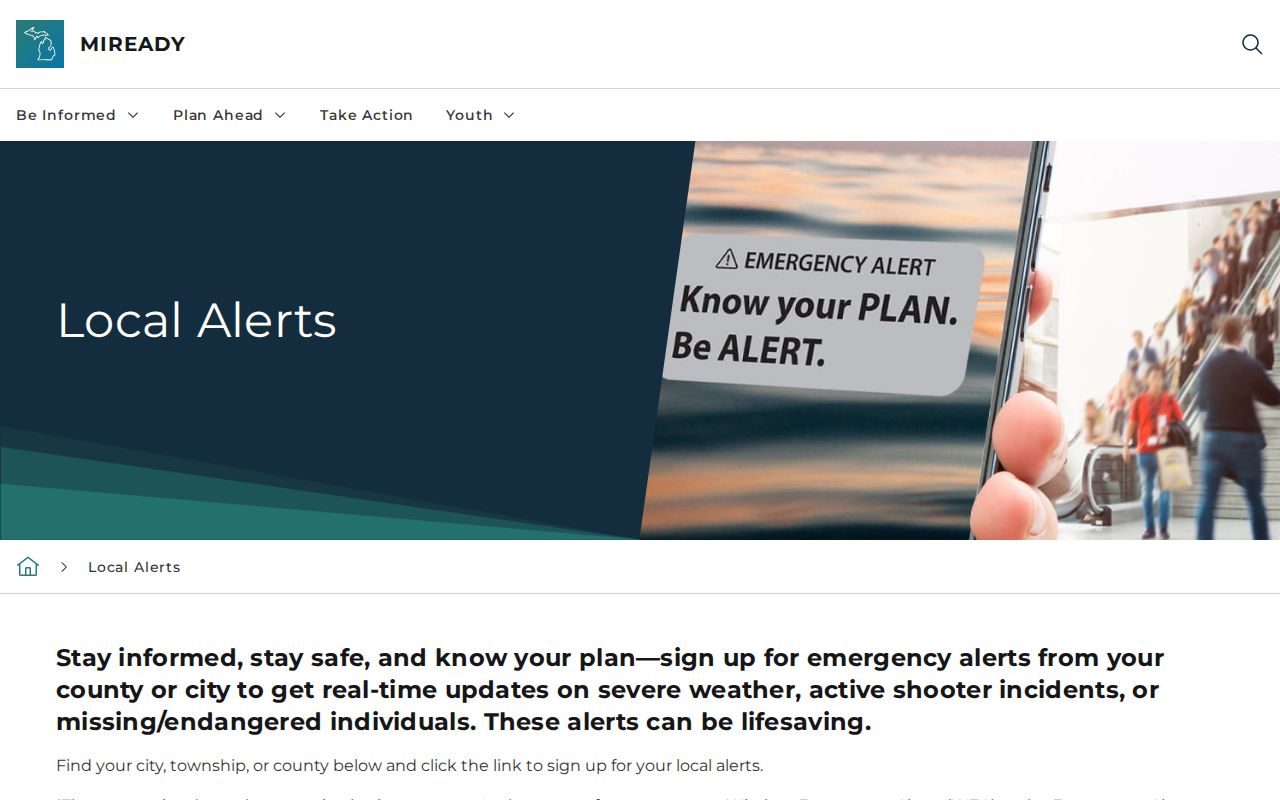 Michigan MIREADY local alerts page, not a Huron County wanted record