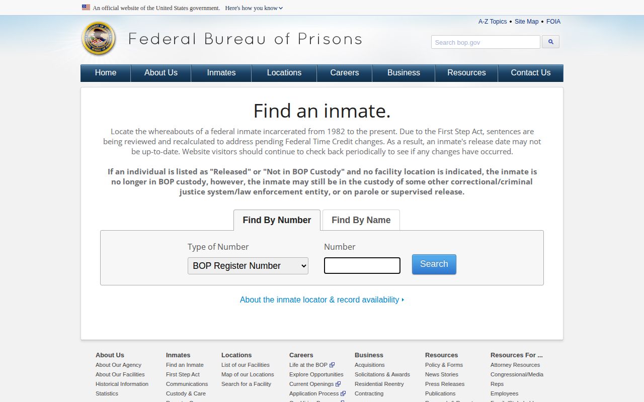 Federal Bureau of Prisons locator, separate from Huron County warrant records