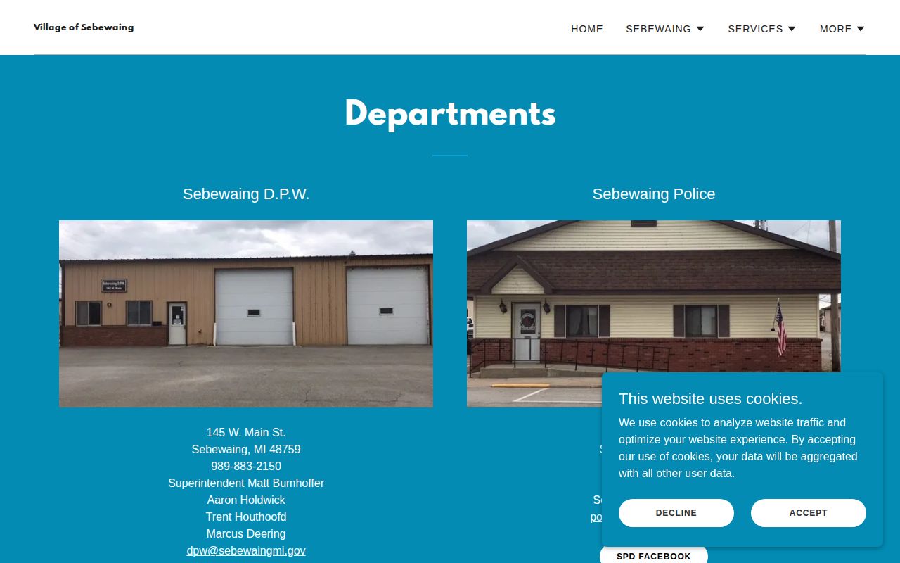 Sebewaing Police contact information from the official village departments page